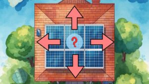 illustrated image of solar panels on a rooftop with arrow going in each direction and a question mark in the middle