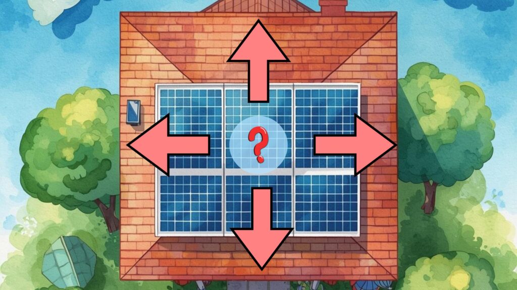 illustrated image of solar panels on a rooftop with arrow going in each direction and a question mark in the middle