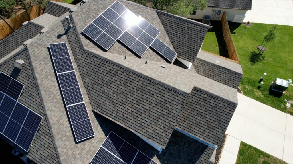 Birdseye view of a house with solar panels